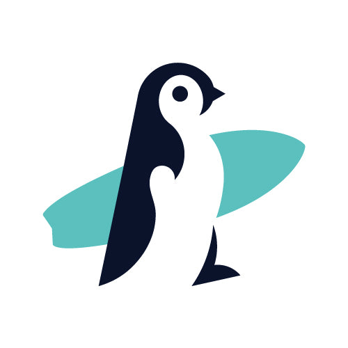 Das Draquis-Icon: ein Pinguin hält ein türkisfarbenes Surfbrett.