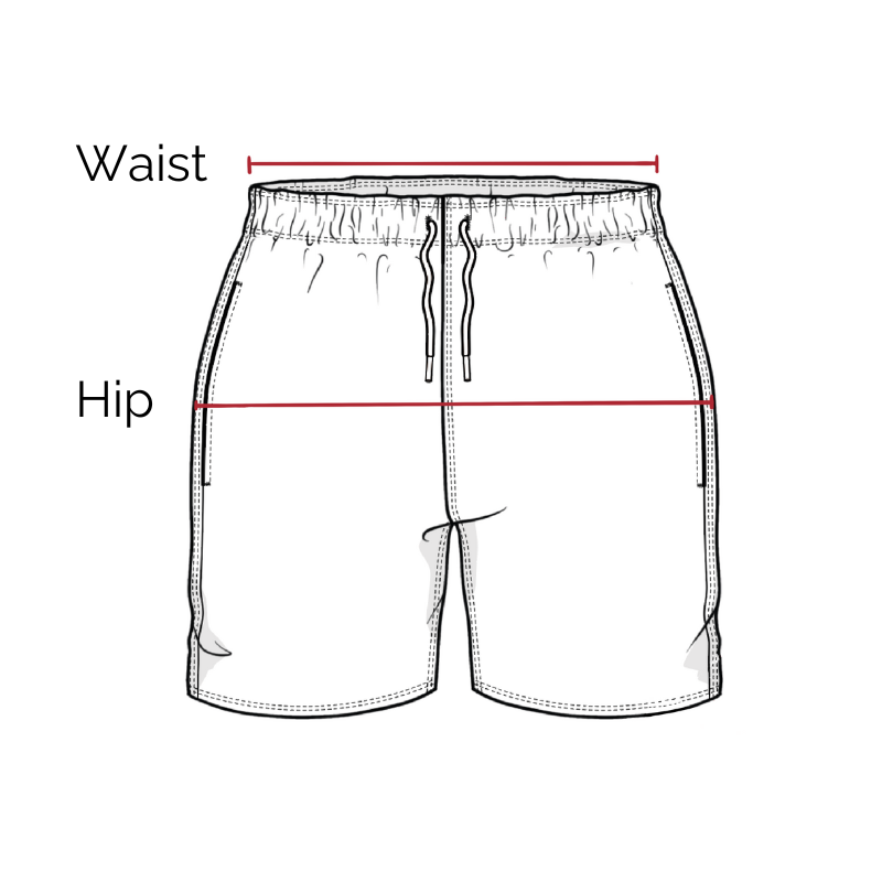 Drawing of the short that shows where to measure the hip and waist